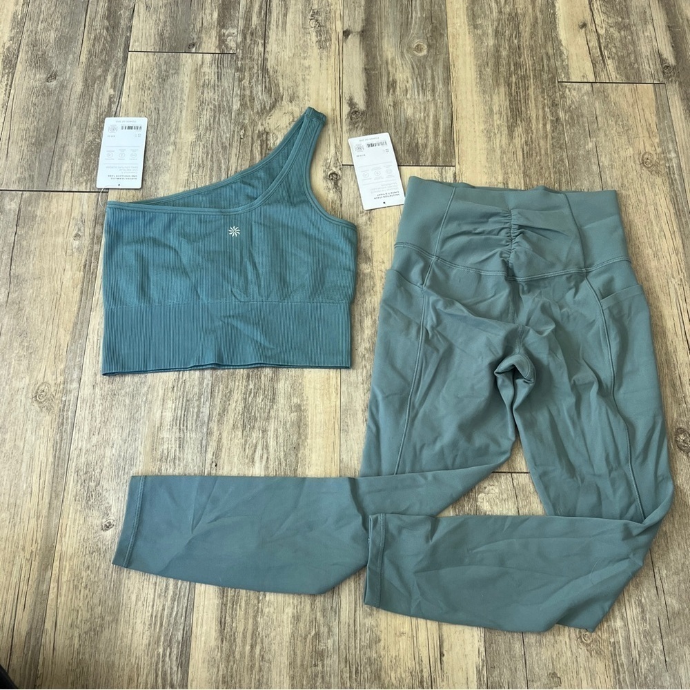 Athleta Salutation Stash Leggings and Aurora Seamless One Shoulder Tank in Green